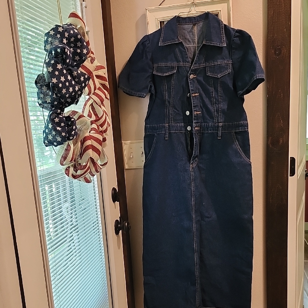 Denim Button-Front Midi Dress in Dark Blue